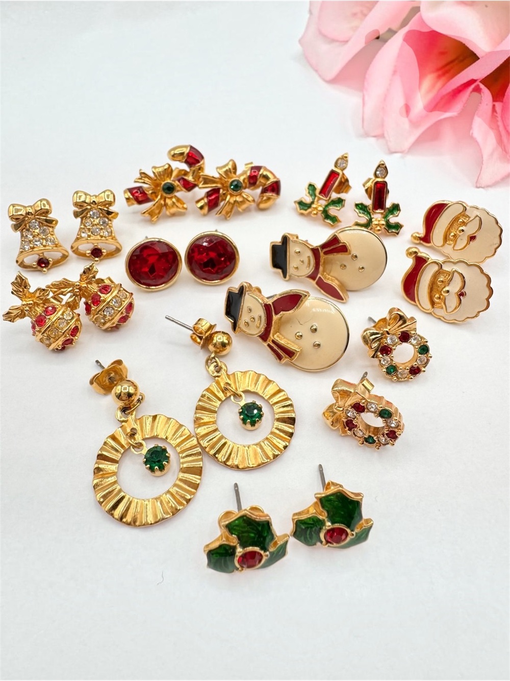 Vintage Avon Christmas Earring Lot Holiday Festive Fun Winter Gold Tone Signed